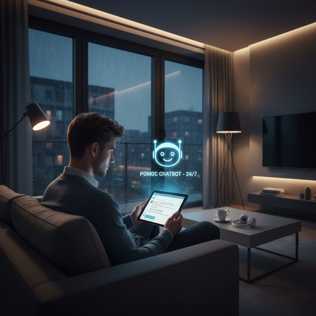 Klient korzystający z chatbot automatycznego wsparcia posprzedażowego w nocy, ekran laptopa w ciemnym pokoju