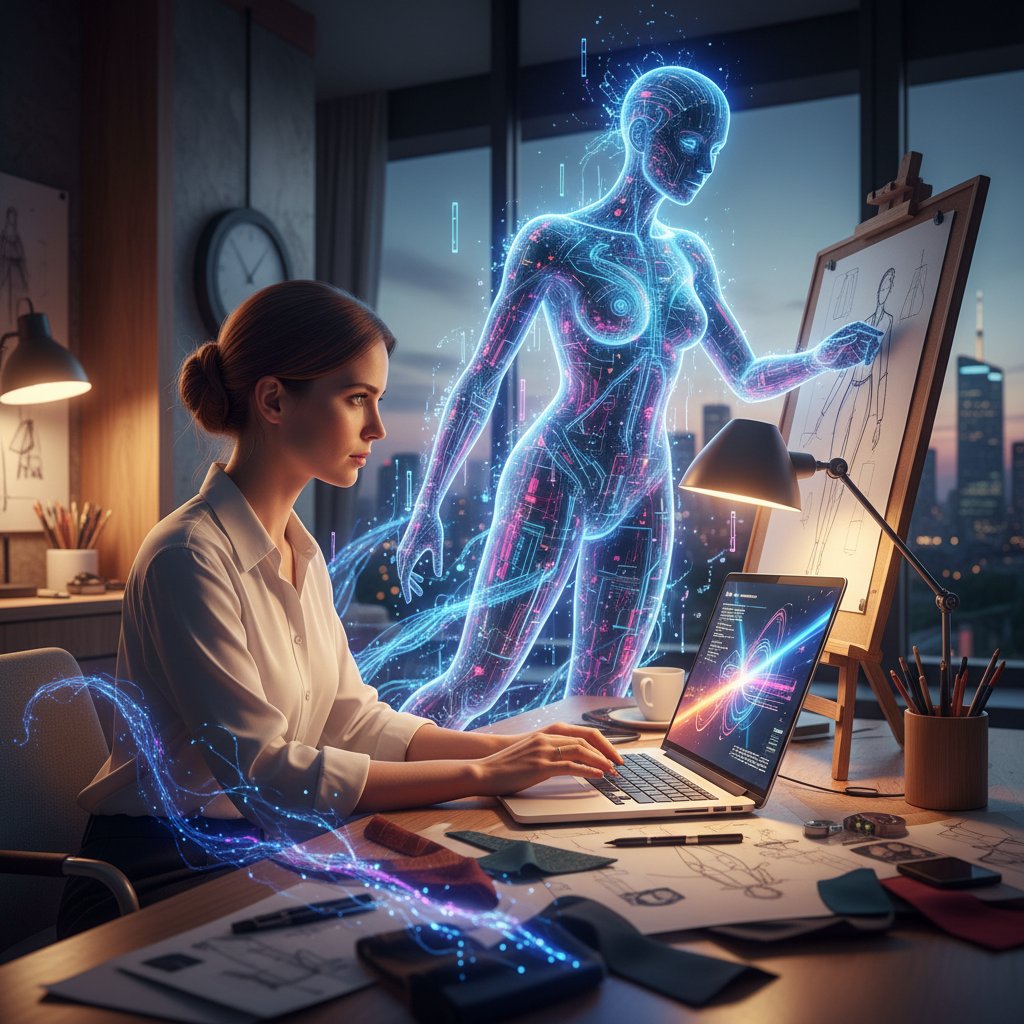 Polski grafik korzystający z laptopa, monitor z wygenerowanym przez AI obrazem, wyraźny kontrast między technologią a twórcą, dynamiczne światło