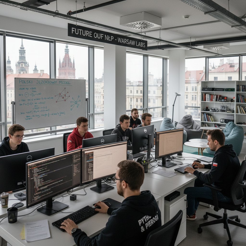 Zespół informatyków opracowujący polski model językowy w nowoczesnym biurze