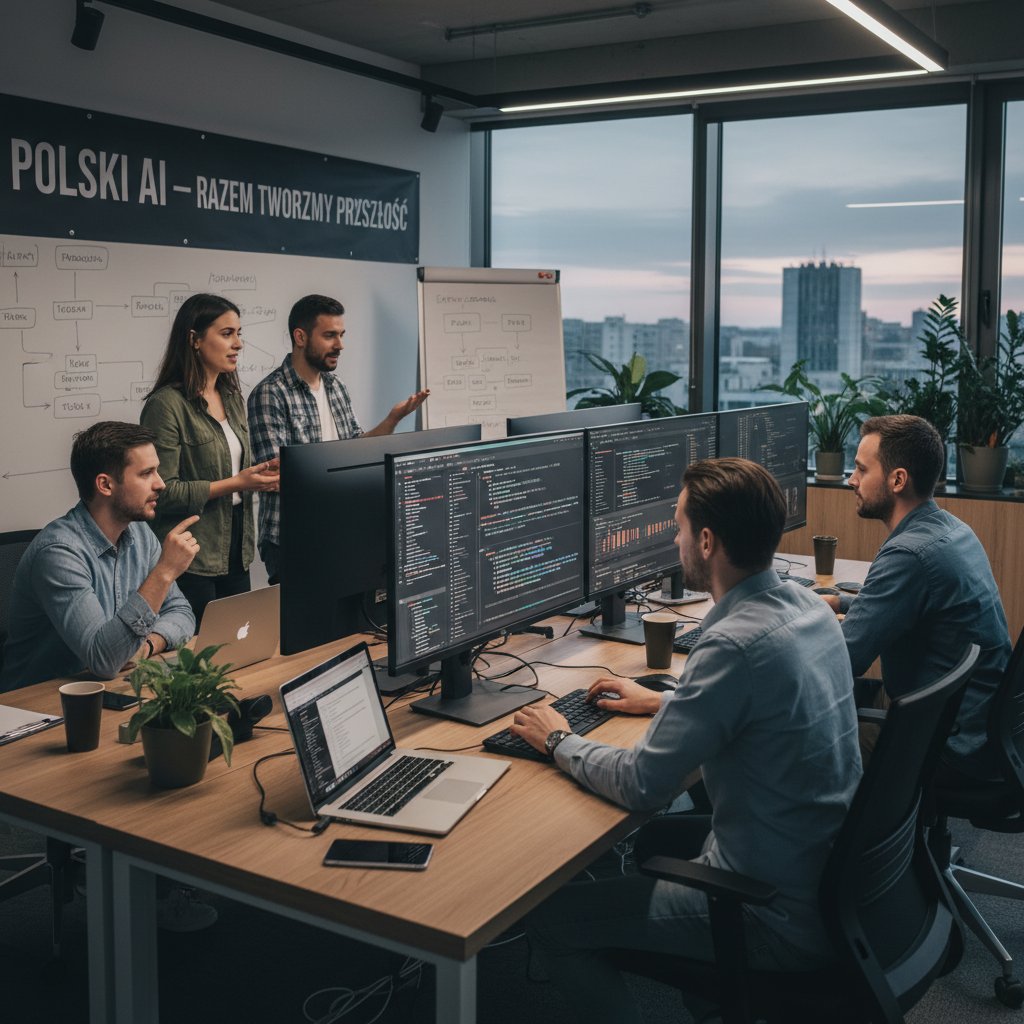 Zespół polskich programistów przy pracy nad algorytmami AI dla języka polskiego