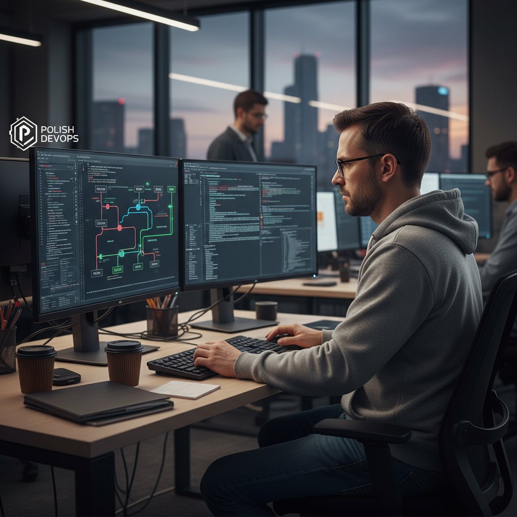 Polski specjalista DevOps przy wdrożeniu CI/CD, ekrany z pipeline, skupienie