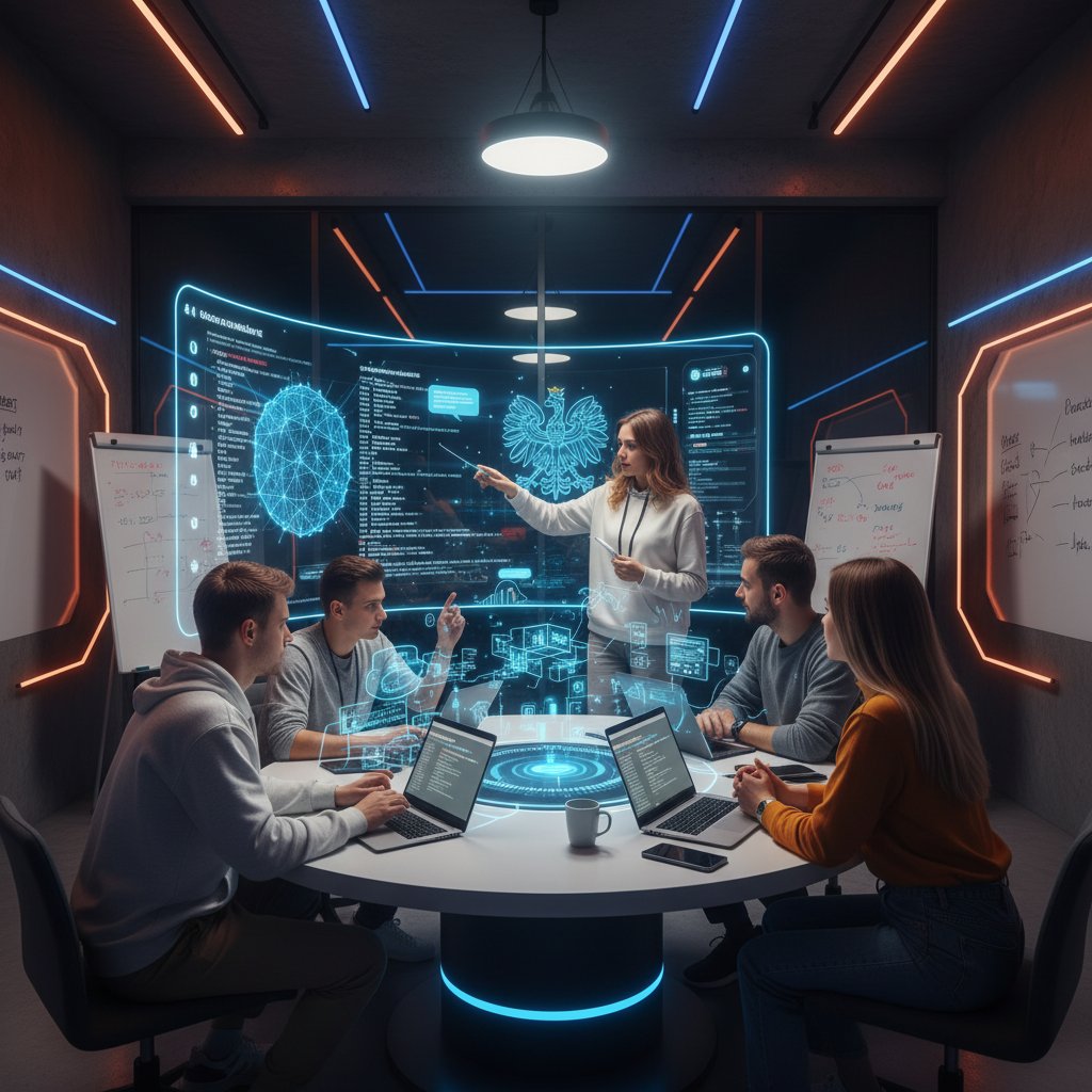 Zespół polskich kursantów DevOps współpracujących z AI, nowoczesna sala szkoleniowa