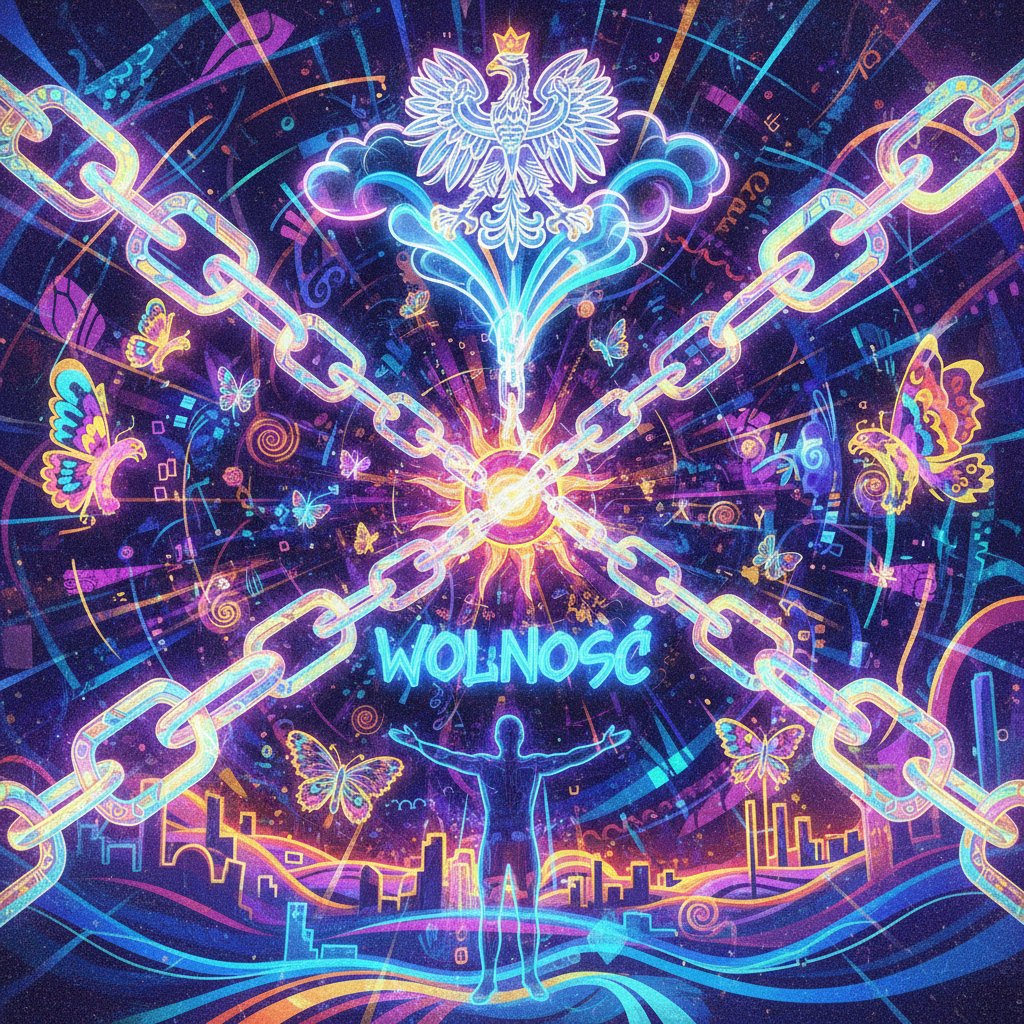 Symboliczna grafika przedstawiająca wolność w internecie, neonowe kolory, zerwane łańcuchy