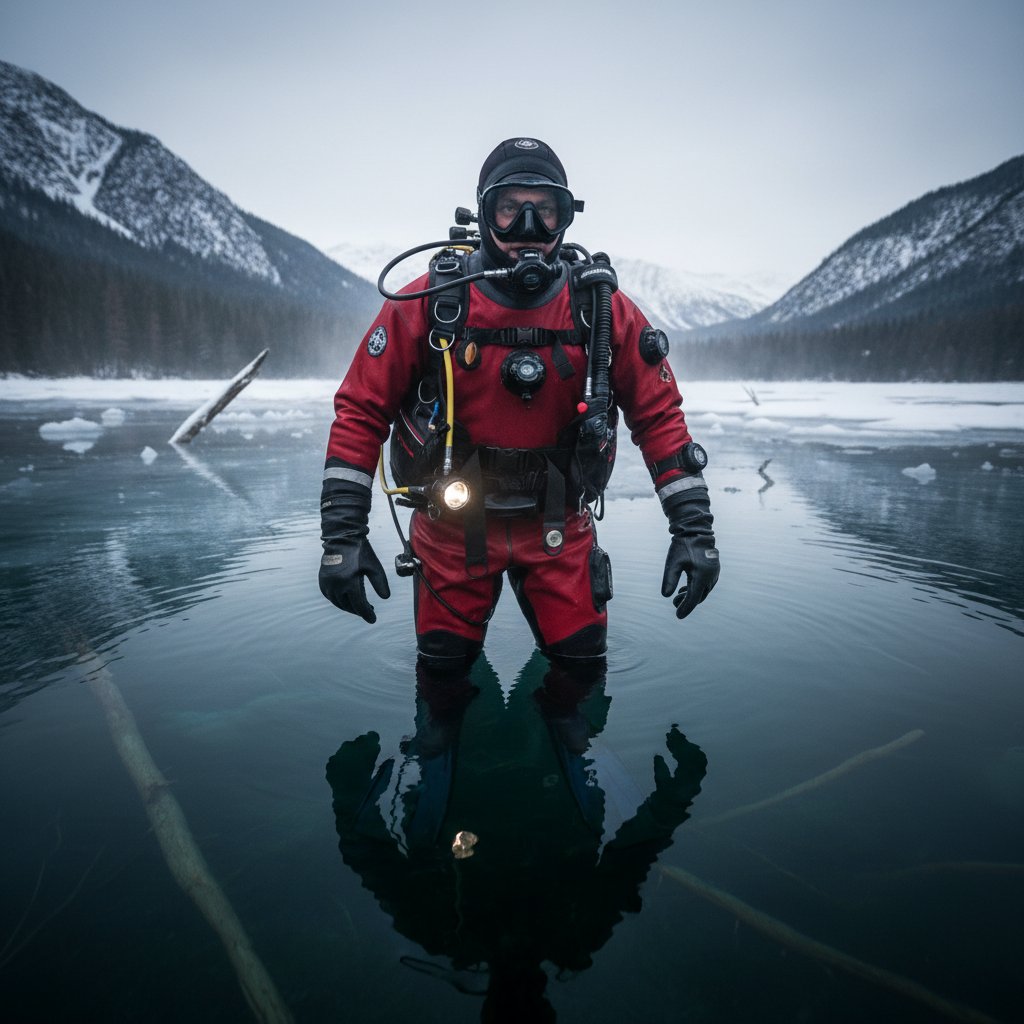 Polski nurek w zimnym, mętnym jeziorze, z widocznym profesjonalnym sprzętem