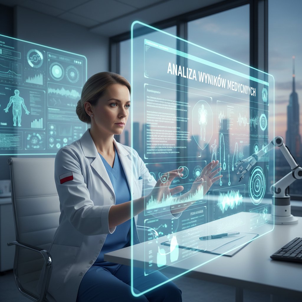 Lekarz analizujący wyniki badań na laptopie, obok wyświetla się interfejs AI chatbot
