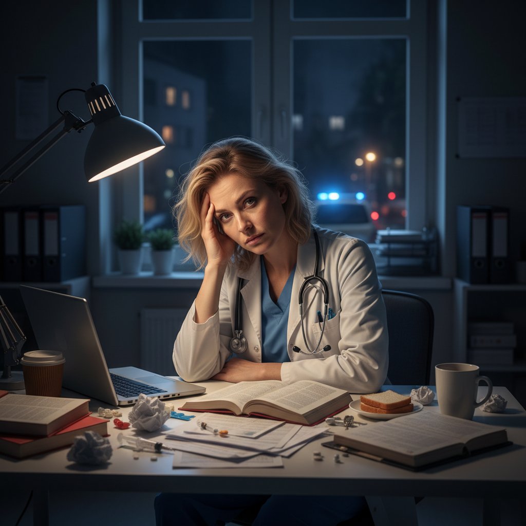 Lekarz przy komputerze, zmęczony natłokiem dokumentacji medycznej, szuka wsparcia AI