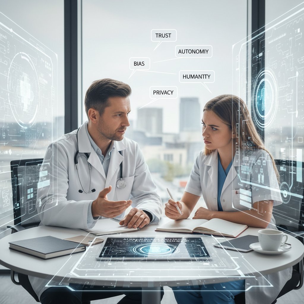 Lekarz i młody student medycyny dyskutujący nad etycznym wykorzystaniem AI w gabinecie