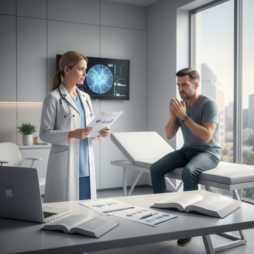 Lekarz w klinice analizujący stos publikacji naukowych, pacjent patrzy z napięciem – rewolucja EBM w praktyce