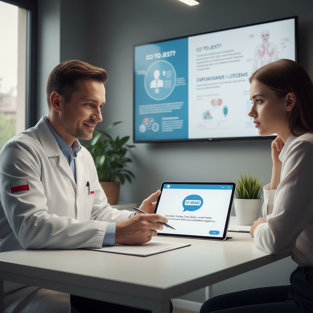 Lekarz rozmawiający z pacjentem, na ekranie laptopa widoczny chatbot AI tłumaczący informacje zdrowotne
