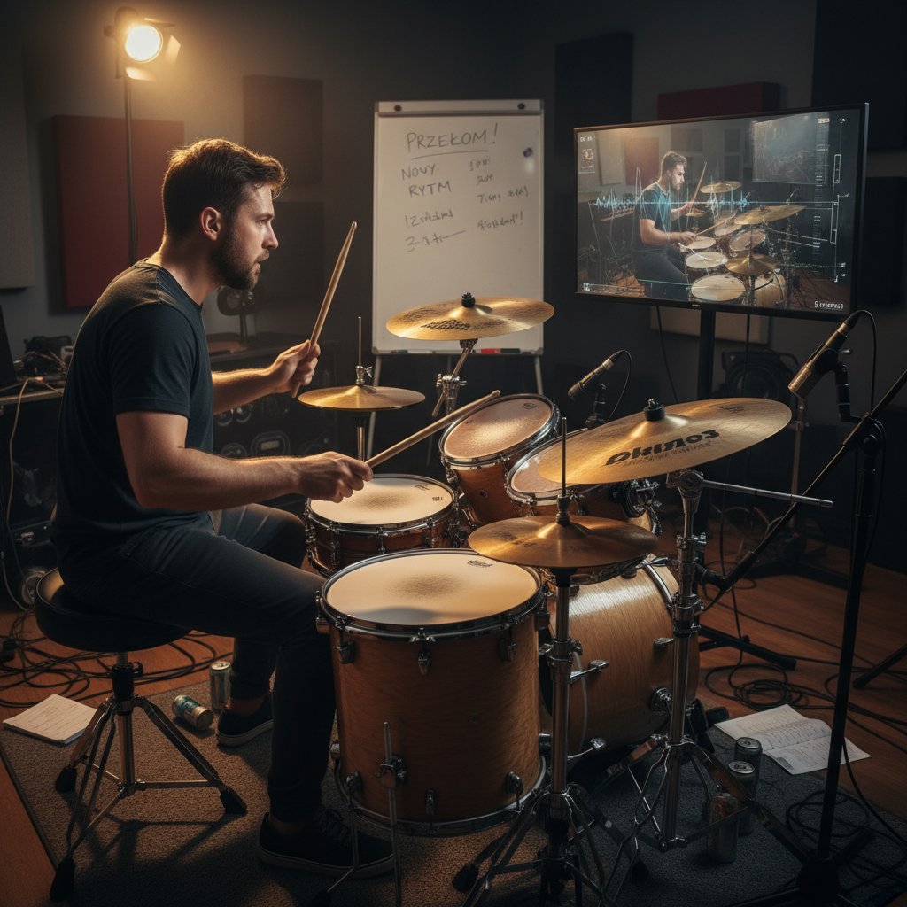 Polski perkusista przełamujący stagnację podczas intensywnych ćwiczeń online, słowa kluczowe: perkusja online, rozwój umiejętności