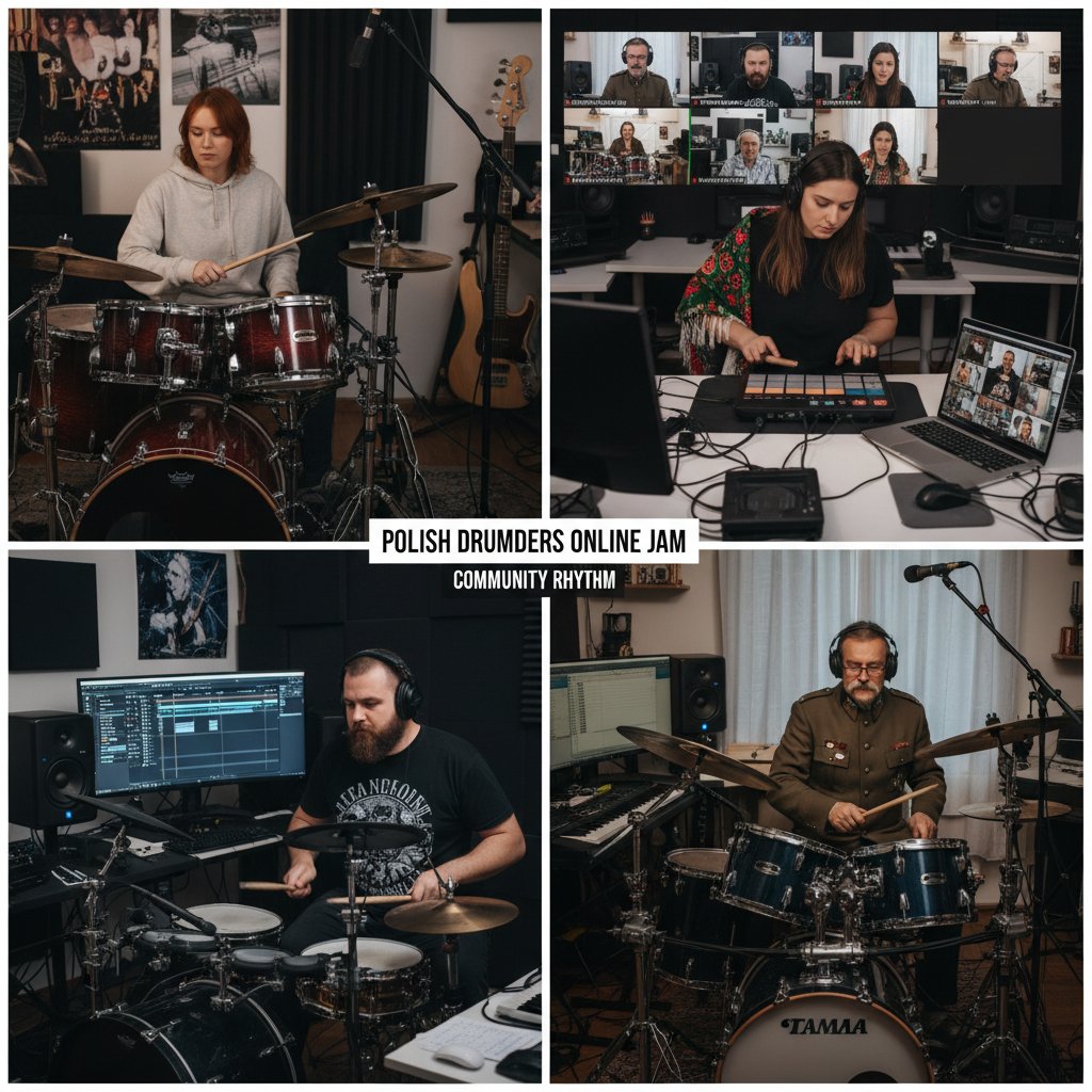 Polscy perkusyści na jam session online, słowa kluczowe: społeczność perkusyjna, nauka online