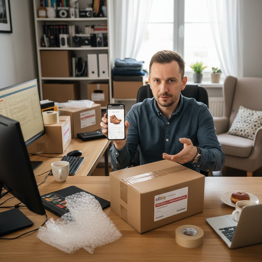 Polski sprzedawca eBay pracujący przy laptopie, otoczony cyfrowymi powiadomieniami i danymi sprzedaży