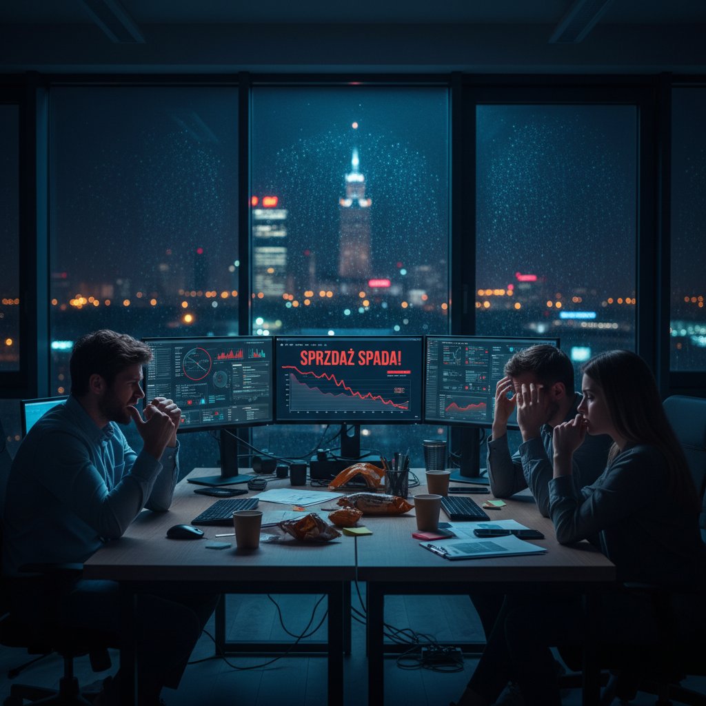 Analityk e-commerce analizujący wyniki sprzedaży na ekranach, nocna praca w napięciu