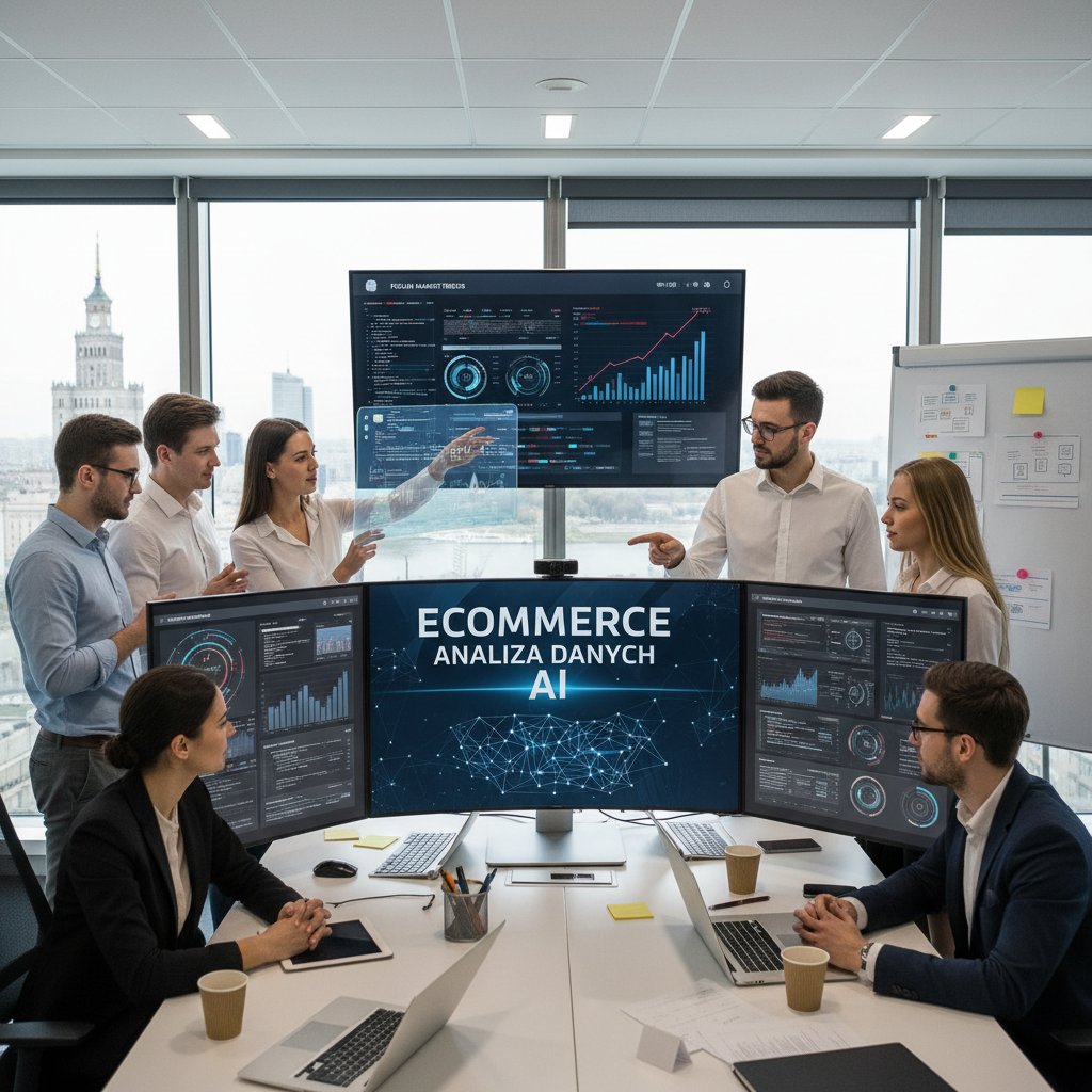 Fotografia zespołu e-commerce analizującego dane AI na komputerach w polskim biurze