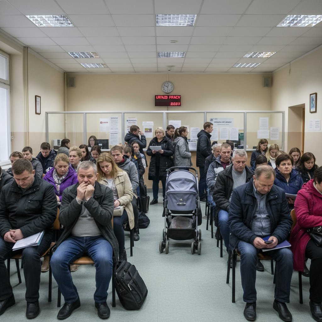 Ludzie w urzędzie pracy, zamyśleni, atmosfera niepokoju – zdjęcie oddające stres i tabu wokół bezrobocia w Polsce