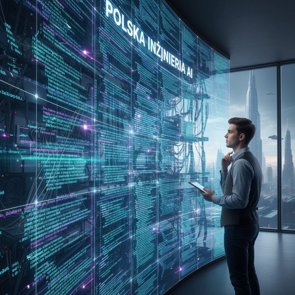 Polski inżynier pracujący nad kodem chatbotów AI, nowoczesne biuro, kod na ścianie