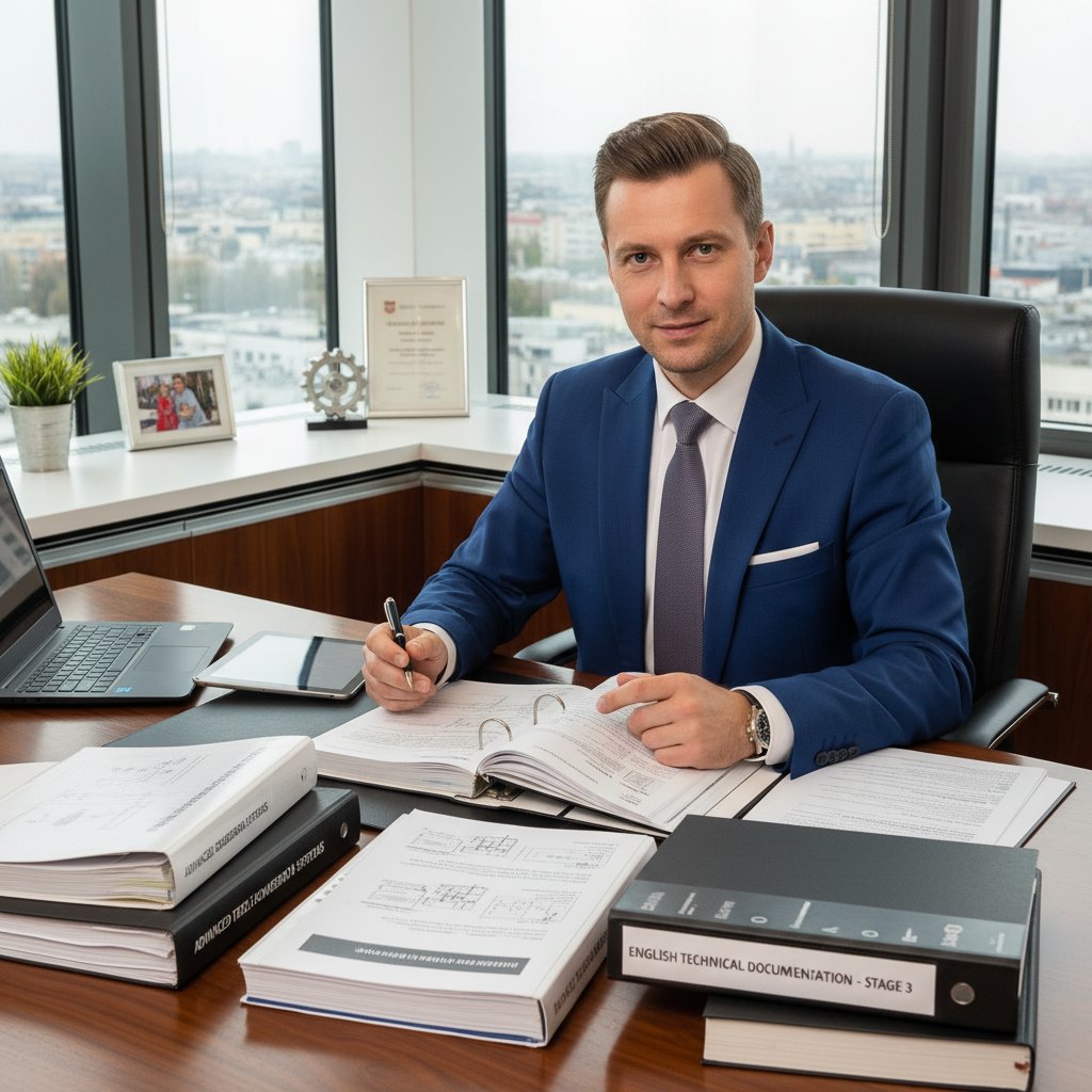 Polski inżynier analizujący angielską dokumentację techniczną, biuro, sukces zawodowy