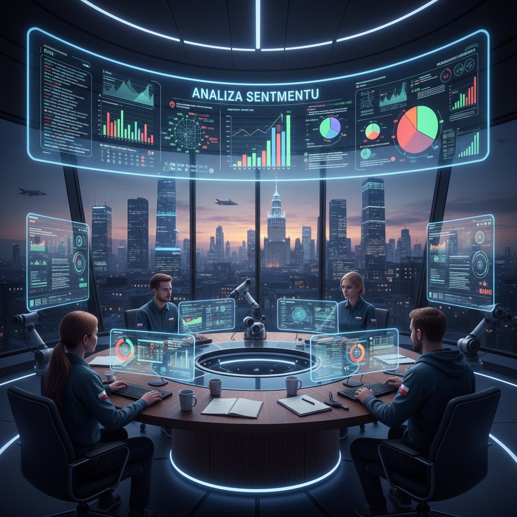 Polscy inżynierowie AI pracujący nad analizą emocji, ekrany z kodem i mapami sentymentu