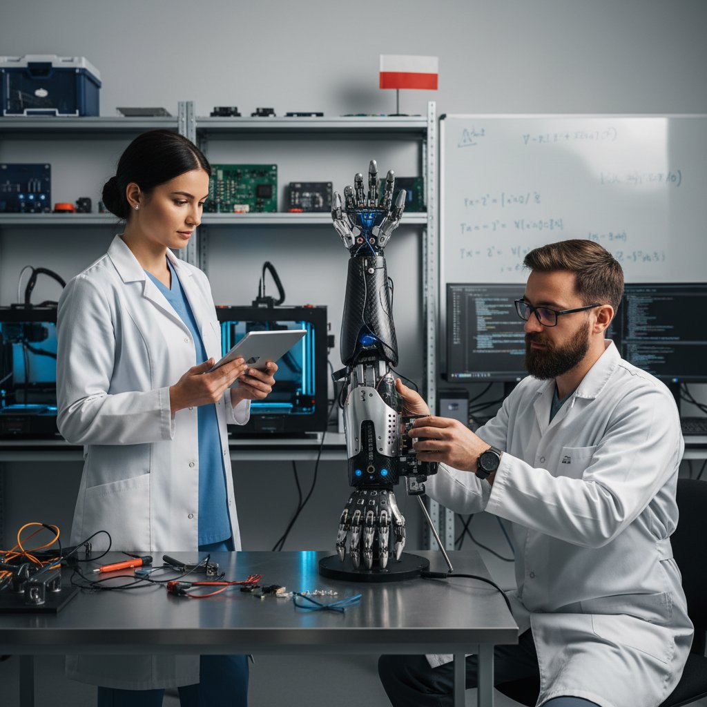 Inżynierowie testujący nową protezę bioniczną w polskim laboratorium