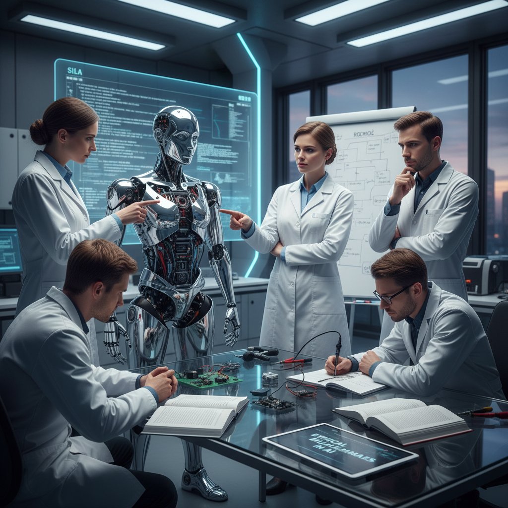 Polscy inżynierowie programujący robota w laboratorium, na ekranie kod i tablica z zapisanymi dylematami etycznymi