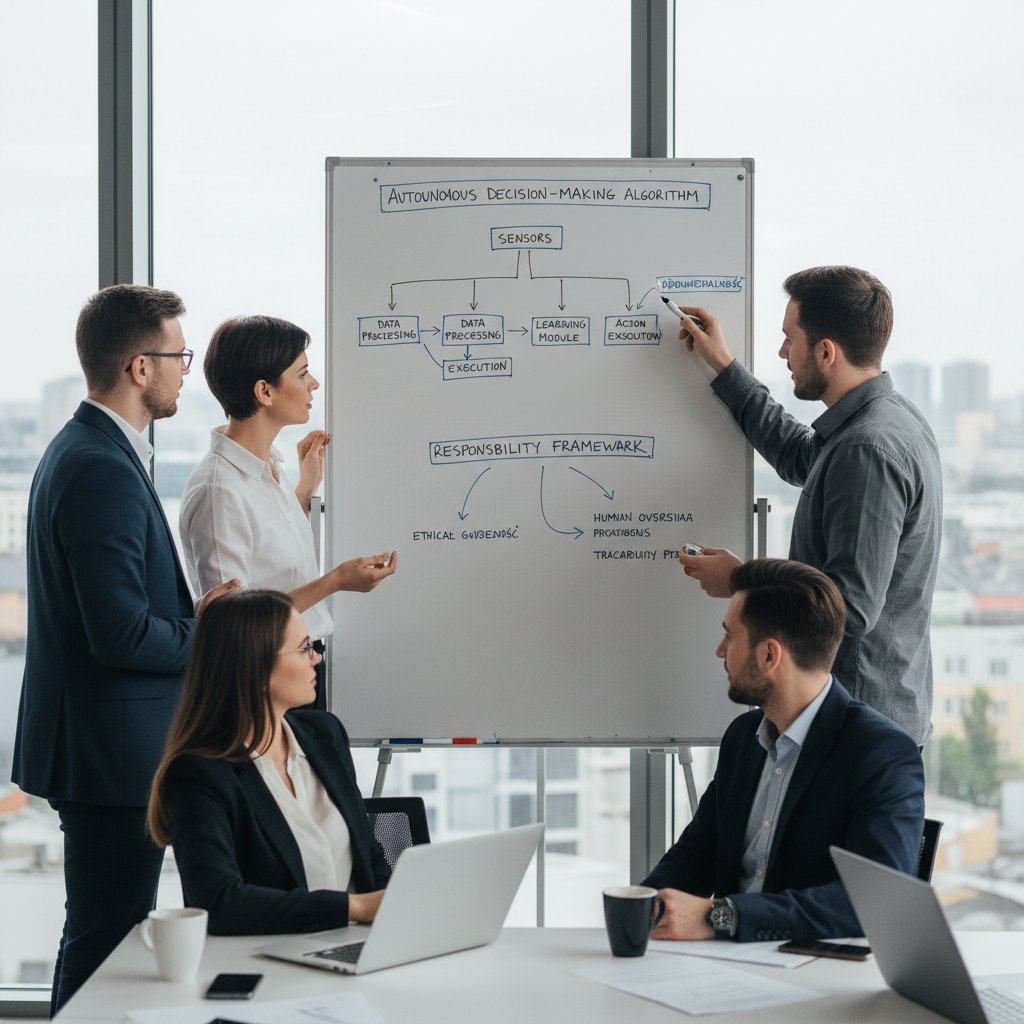 Grupa polskich inżynierów debatujących przy tablicy nad kodem algorytmu AI, na ścianie hasła „autonomia” i „odpowiedzialność”