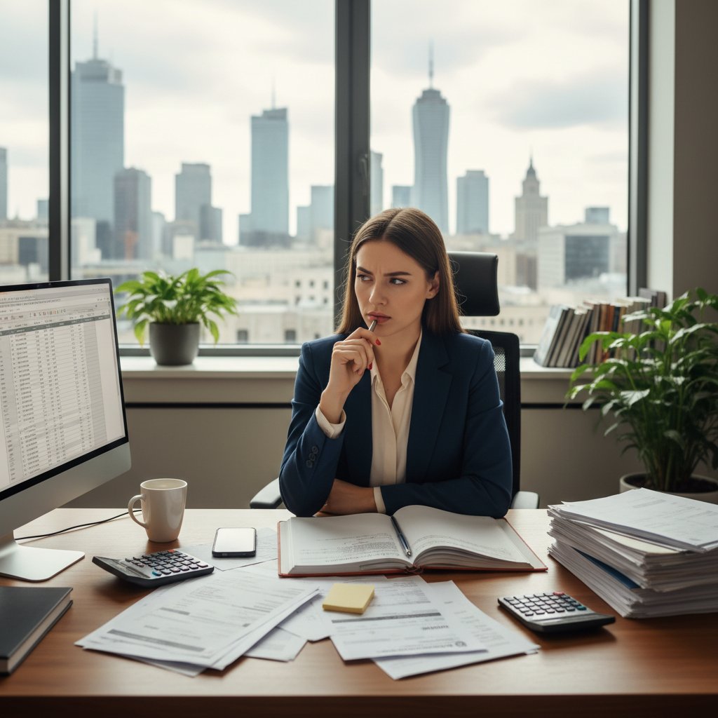 Polski przedsiębiorca patrzący w okno biura z dokumentami księgowymi w dłoni, wyraźnie zamyślony