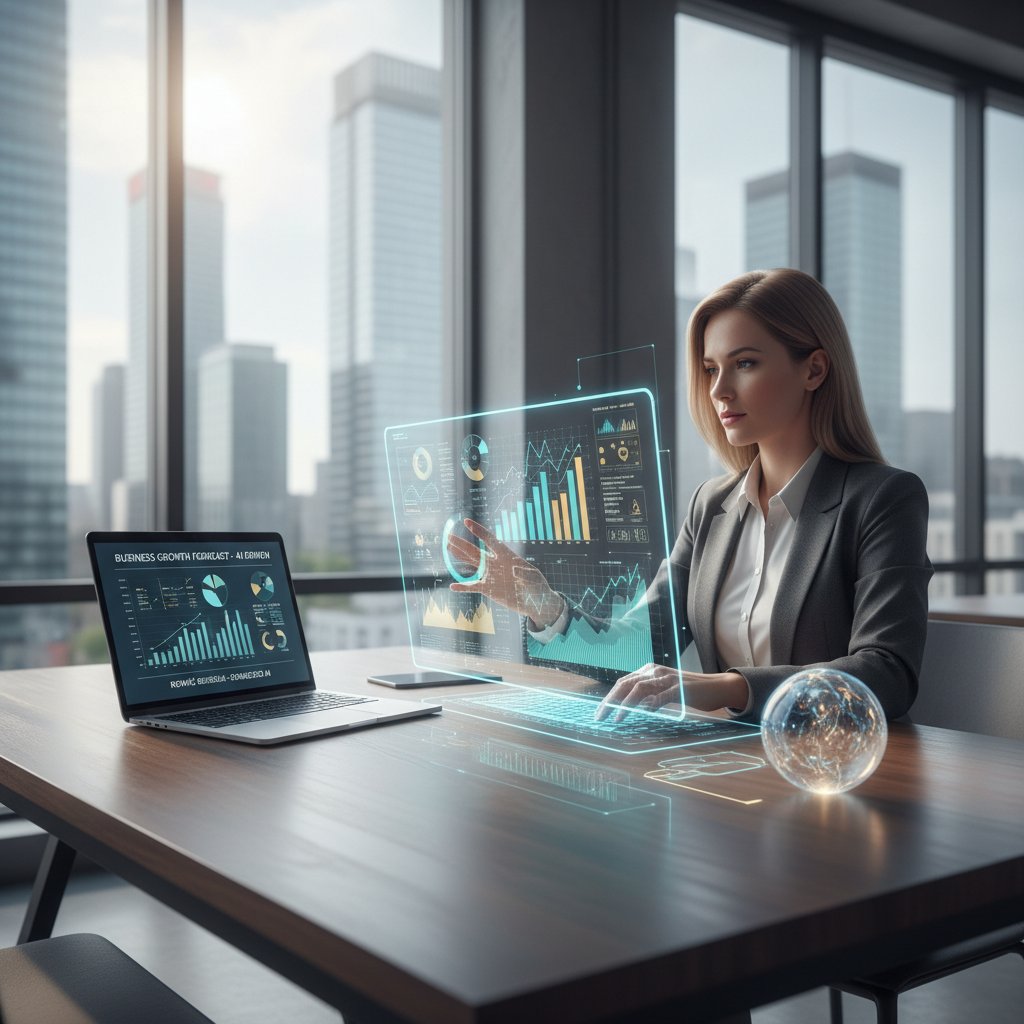 Polski przedsiębiorca korzystający z doradcy AI przy biurku, na ekranie laptopa wykresy biznesowe