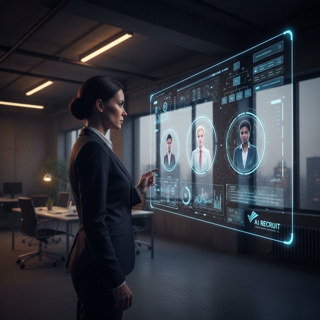 Przedsiębiorca analizuje dashboard AI dotyczący rekrutacji, nocne biuro, awatar cyfrowy kandydatów