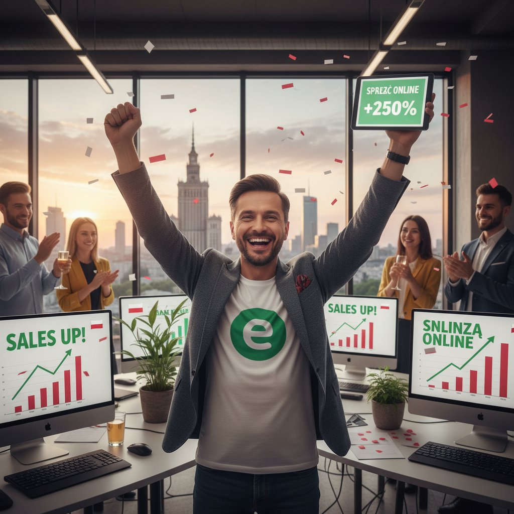 Przedsiębiorca świętujący wzrost sprzedaży online dzięki chatbotowi