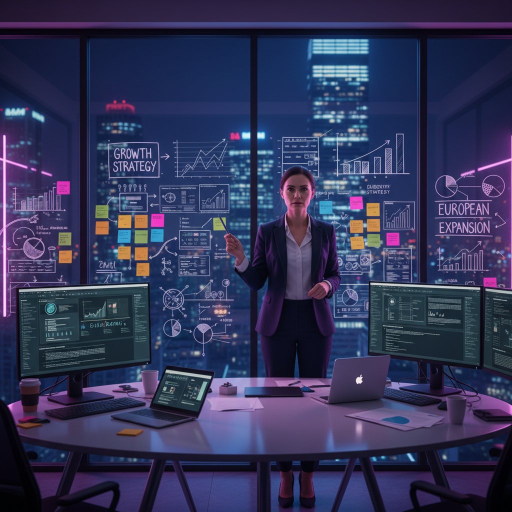 Przedsiębiorca analizujący wyniki biznesowe na szklanej tablicy z wykresami i notatkami, nocą, w neonowym świetle