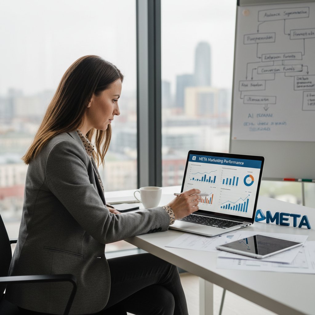 Polski przedsiębiorca prowadzi działania marketingowe na platformach Meta, laptop, biuro, analiza danych