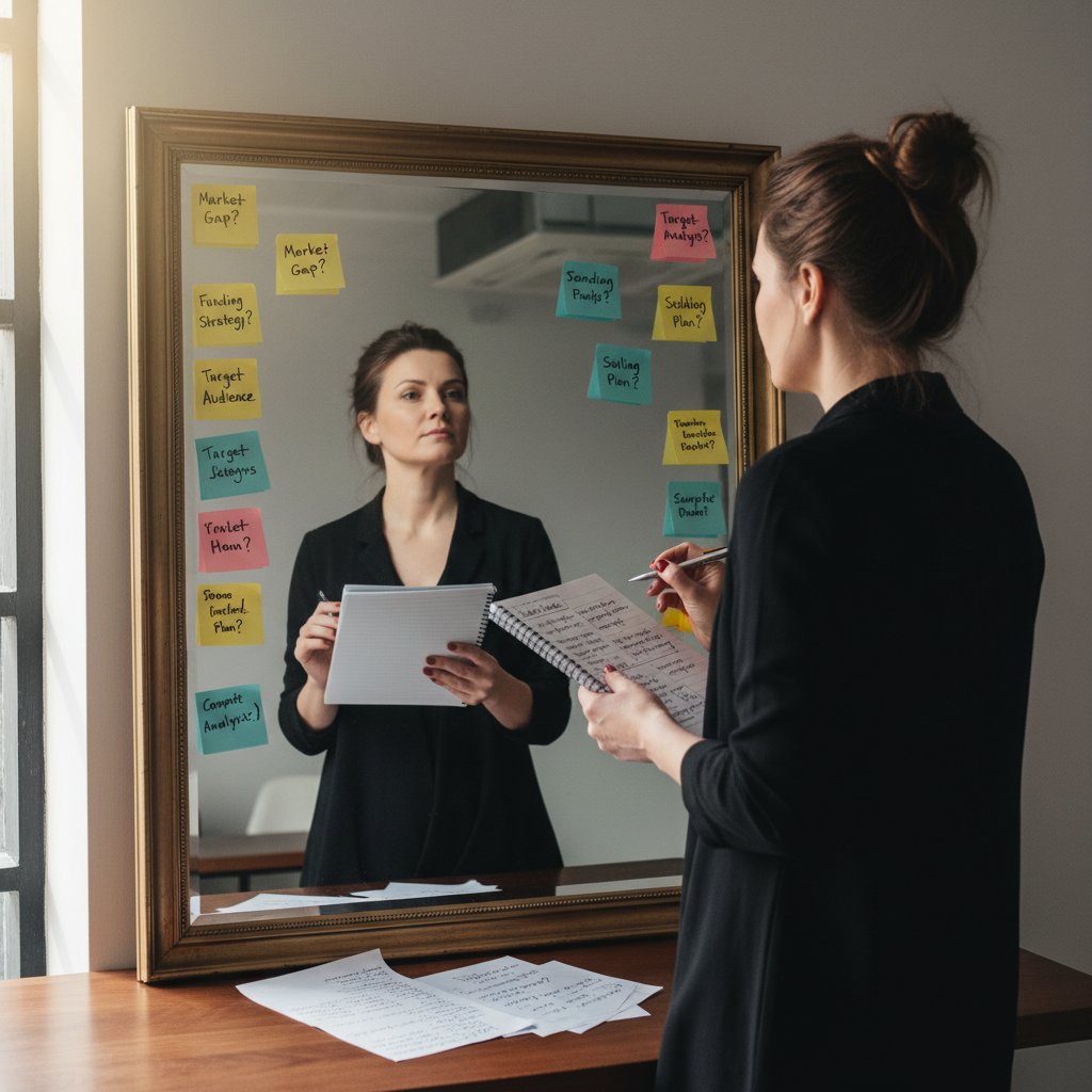 Przedsiębiorca analizujący swoje przygotowanie do założenia startupu, notatnik, lustro, sticky notes