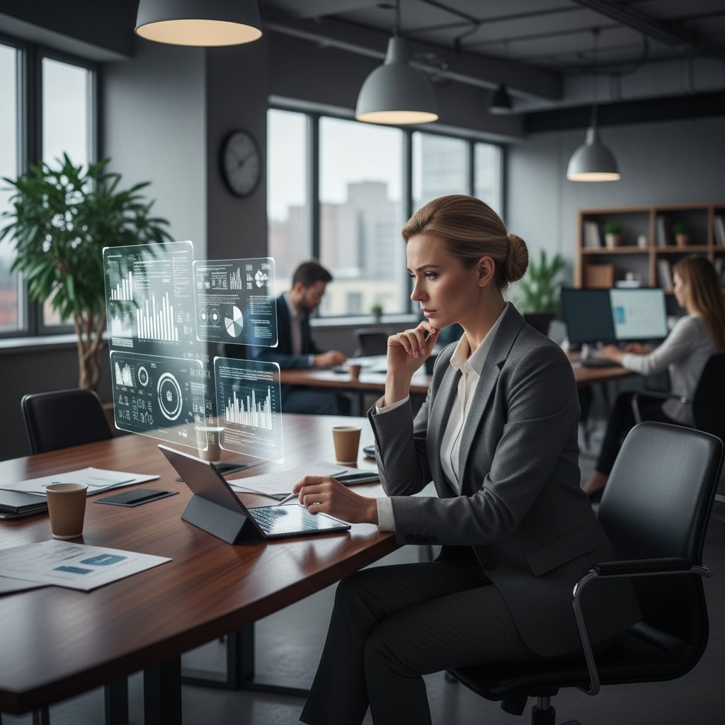 Przedsiębiorca w polskim biurze analizujący raporty AI, skupiona atmosfera, nowoczesny laptop