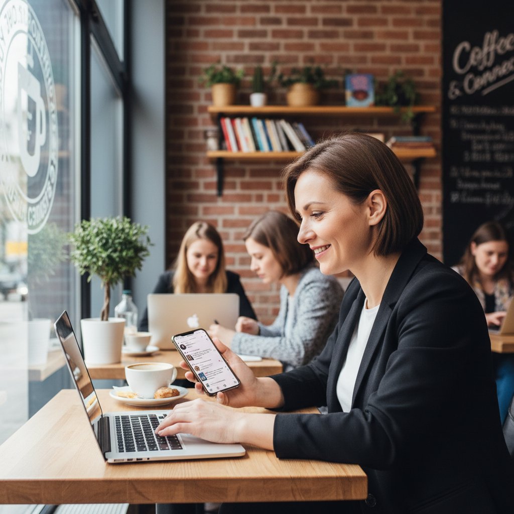 Polski przedsiębiorca analizujący strategie social media w kawiarni