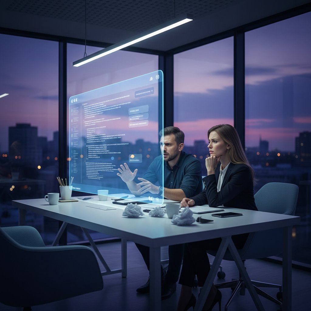 Polscy przedsiębiorcy testują nowego chatbota B2C w nowoczesnym biurze przy zmierzchu, napięta atmosfera