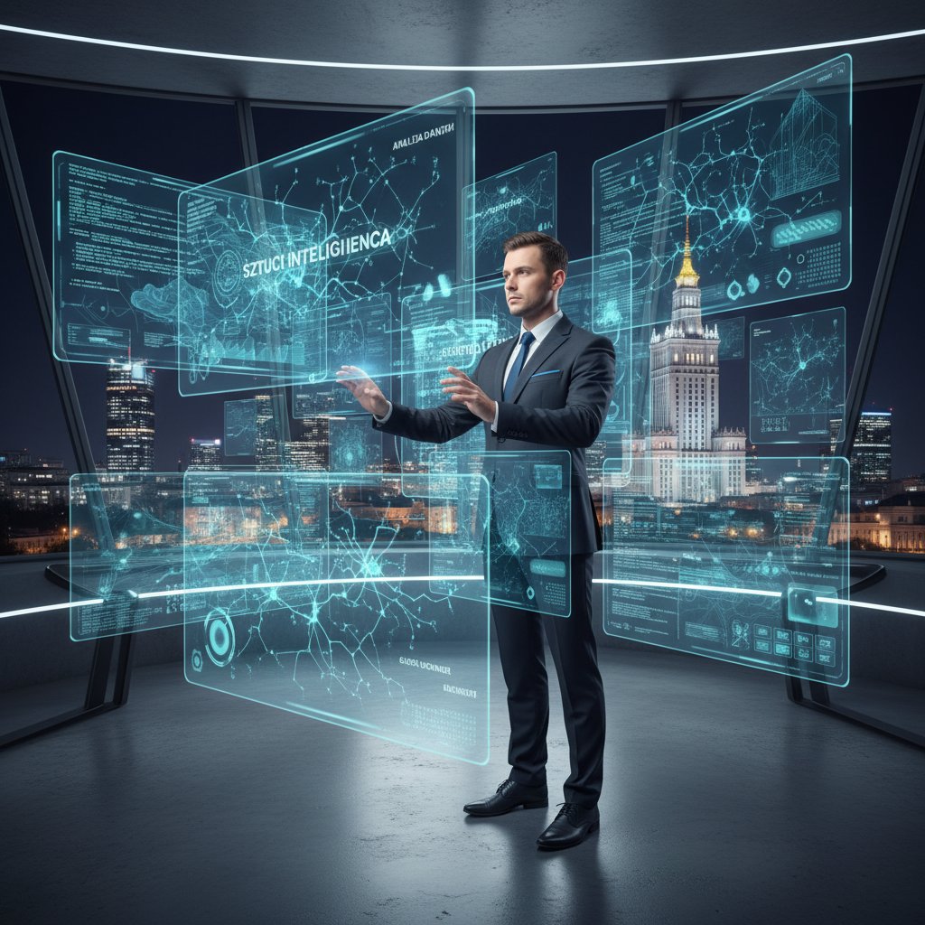 Ekspert analizujący dane AI na wielu holograficznych ekranach