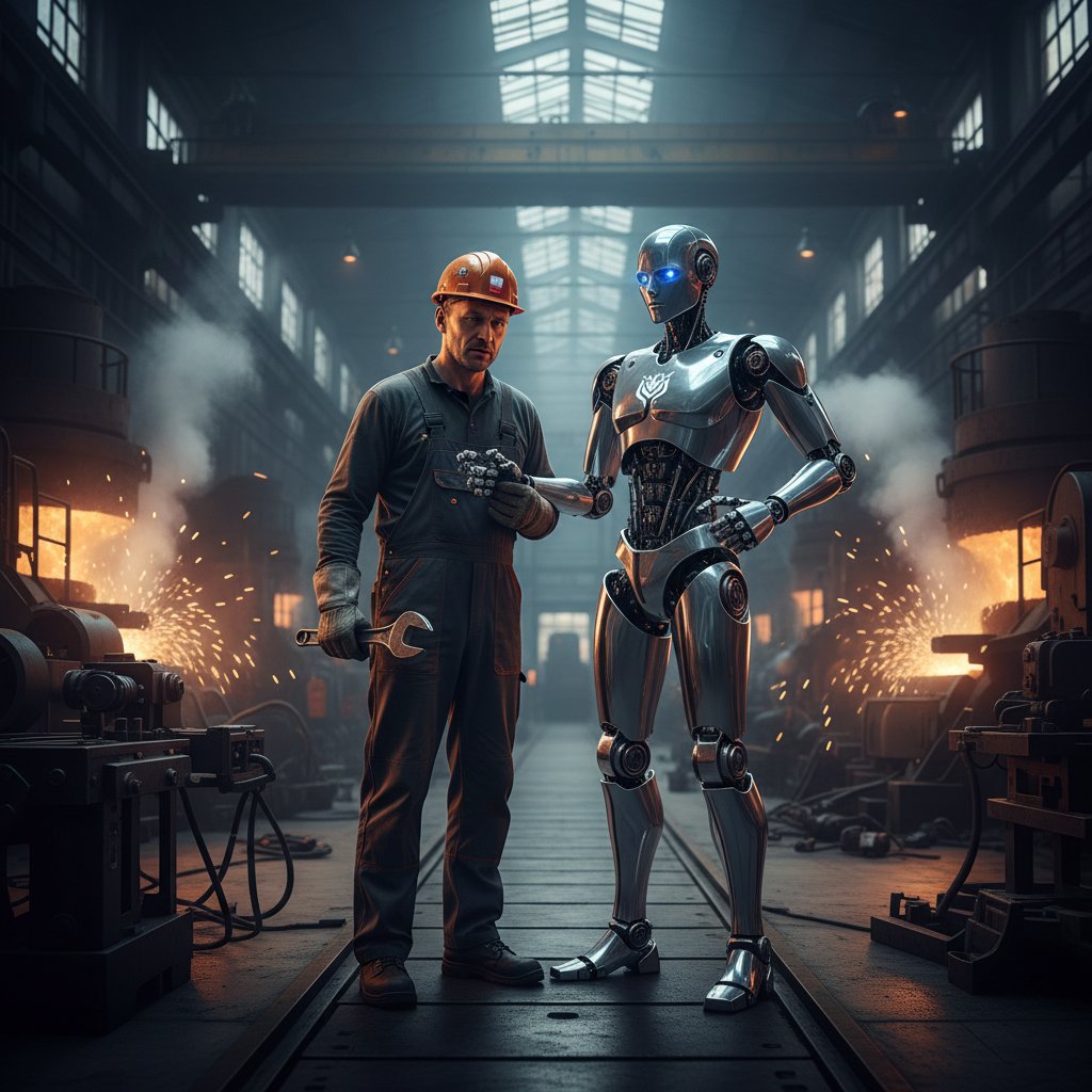 Pracownik fabryki i humanoidalny robot w polskiej fabryce – napięcie i ciekawość na twarzach, temat automatyzacji pracy