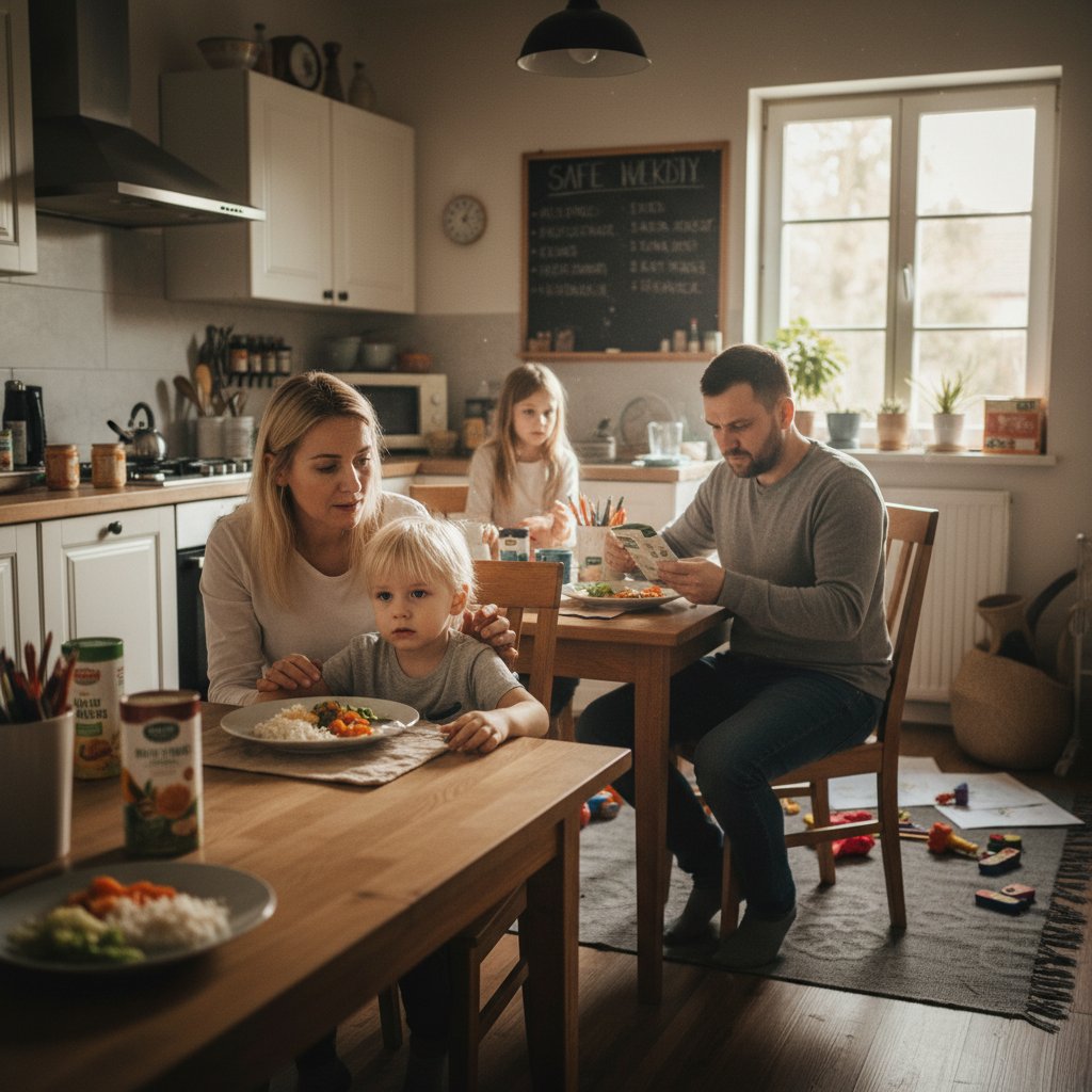 Portrety trzech polskich rodzin – codzienność z dzieckiem z alergią pokarmową, domowa atmosfera, wyraźne emocje na twarzach