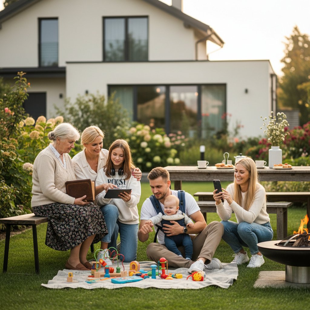 Dwie polskie rodziny na tle flagi, wyczuwalne różnice pokoleniowe i podejścia do wychowania