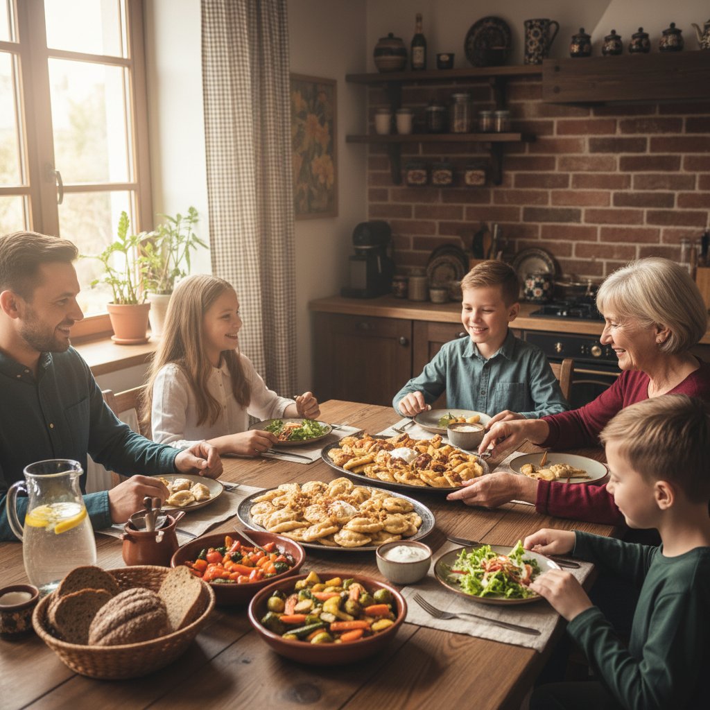 Polskie rodziny i single jedzące zbilansowane posiłki w różnych sytuacjach