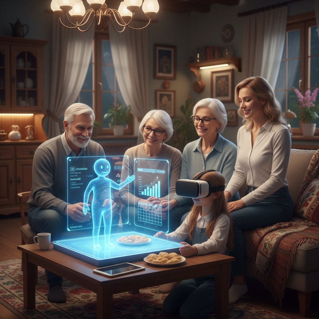 Polska rodzina korzystająca z doradcy AI w domu podczas wspólnego wieczoru