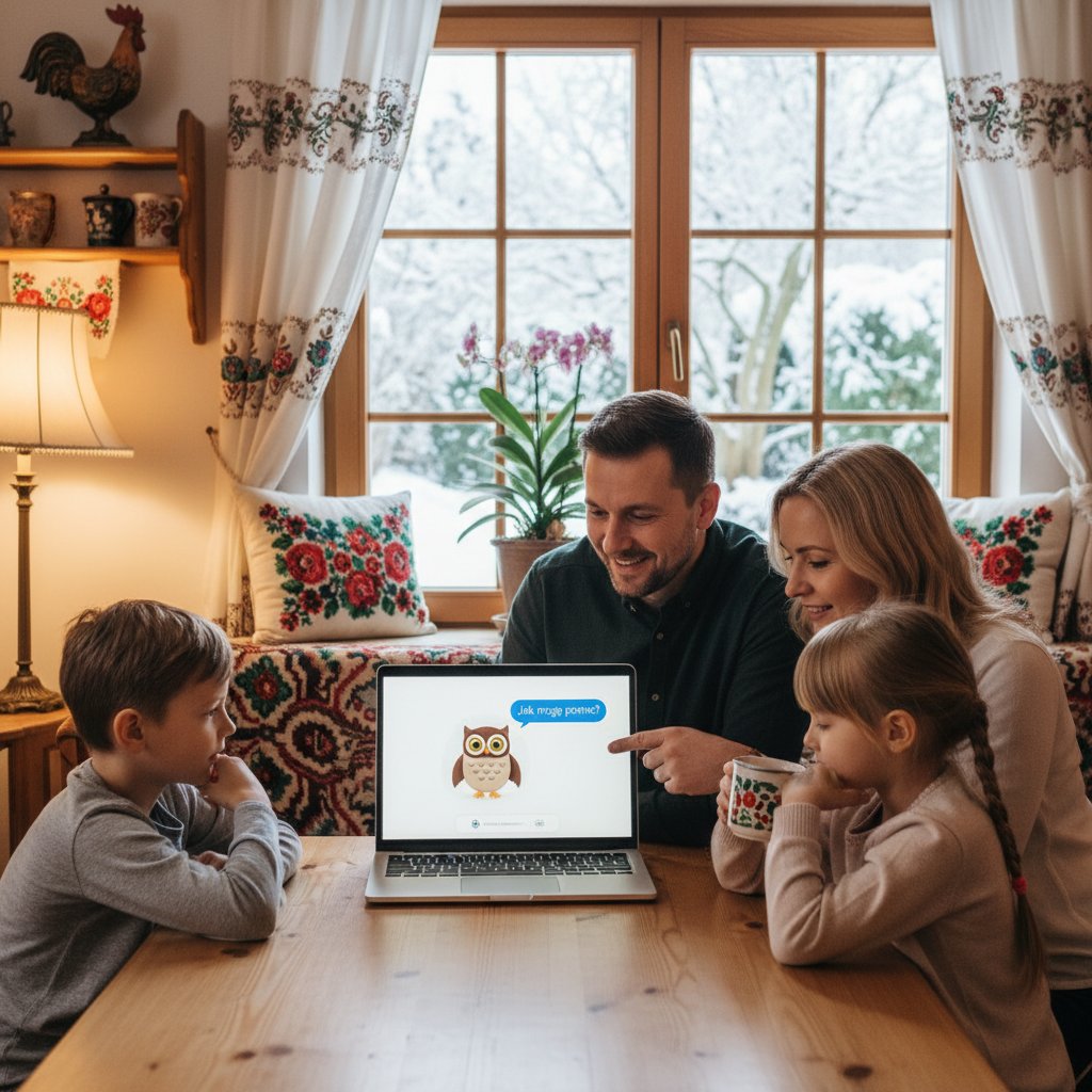 Polska rodzina korzystająca z chatbotów AI w domu – laptop na stole, interakcje międzypokoleniowe