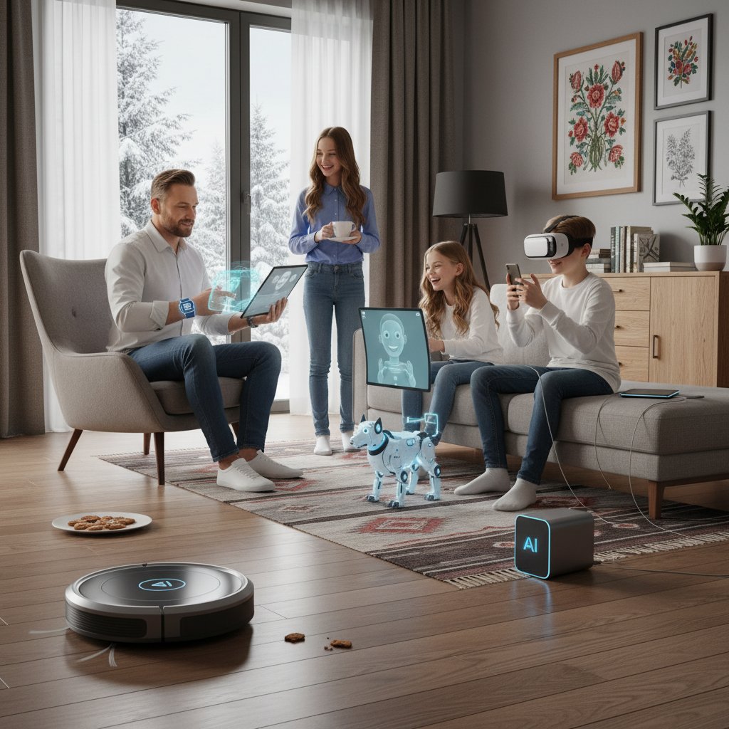Polska rodzina korzystająca z urządzeń AI w domu – robot sprzątający, smartwatch, komputer z chatbotem