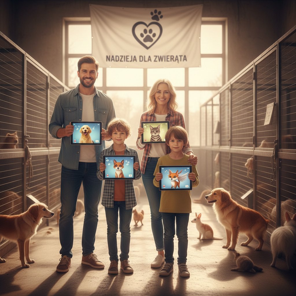 Rodzina odwiedza schronisko po nauce z wirtualnym kotem