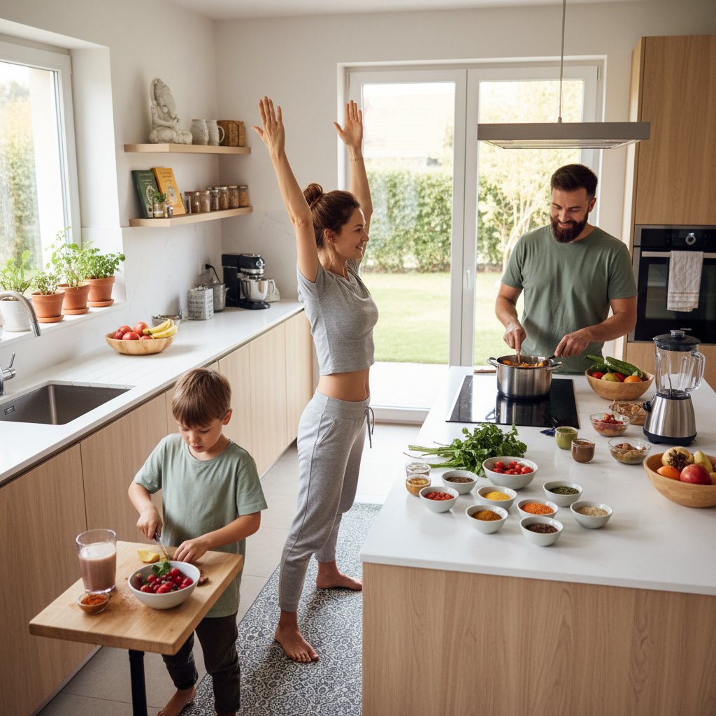 Polska rodzina praktykująca ajurwedyjską jogę i przygotowująca zdrowe posiłki w nowoczesnej kuchni