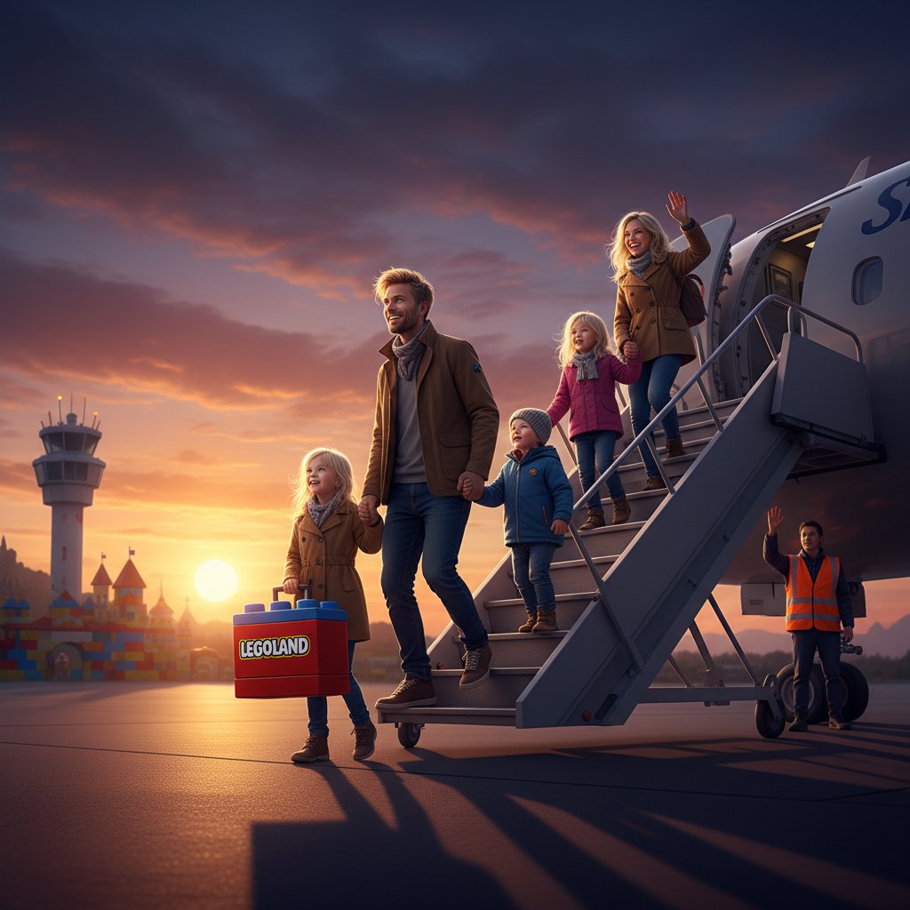 Rodzina z Polski wsiadająca do samolotu do Danii na tle wschodzącego słońca i walizki z logo Legolandu