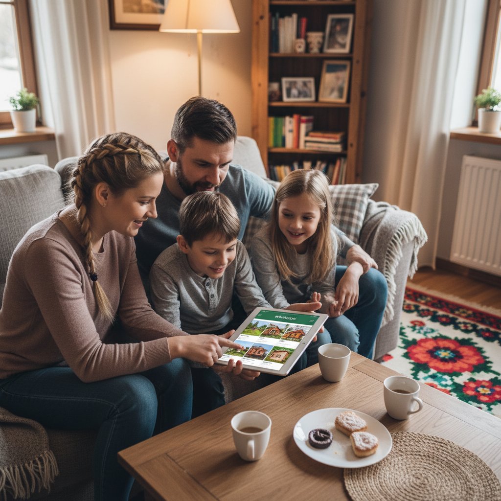 Polska rodzina rezerwująca nocleg przez aplikację mobilną w domowym zaciszu
