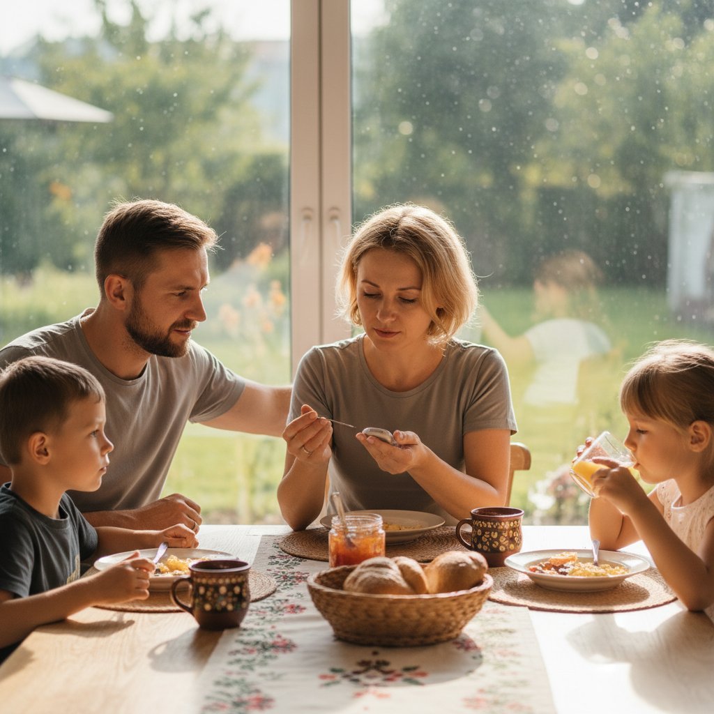 Rodzina przy śniadaniu, jedna osoba mierzy poziom glukozy