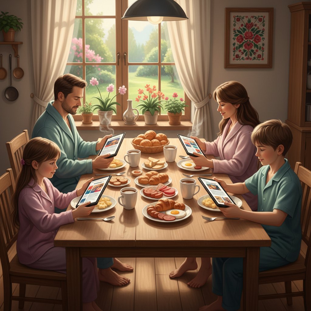 Polska rodzina przy stole, spokojnie korzystająca ze spersonalizowanych wiadomości informacyjnych