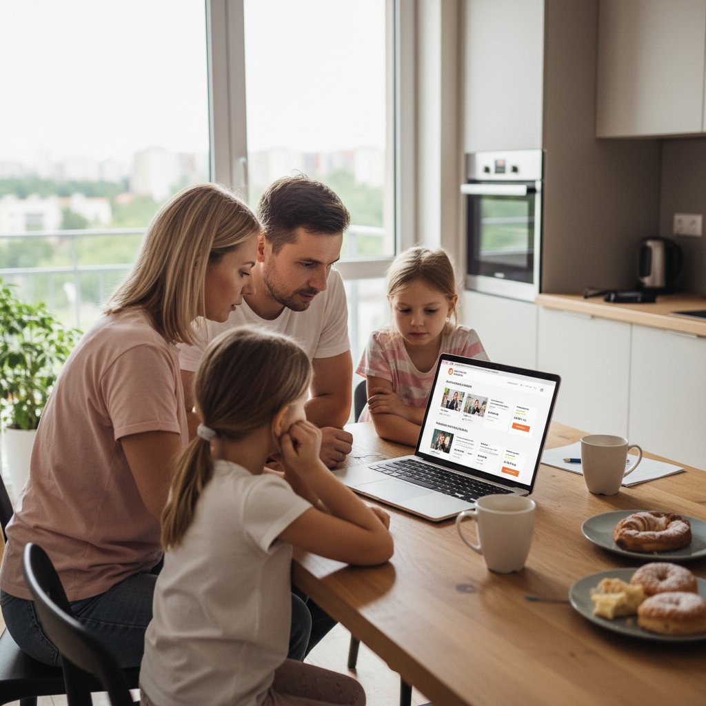 Rodzina szukająca korepetytora przez internet, przeglądanie ofert online na laptopie, domowa atmosfera